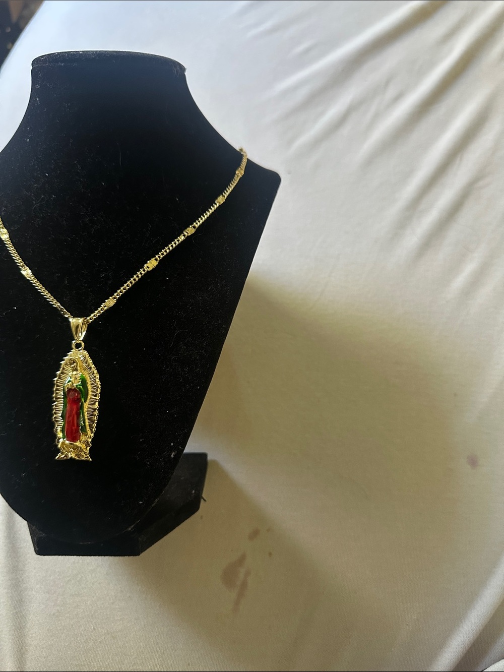 Gold-Tone Virgin Mary Pendant Necklace with Red and Green Accents